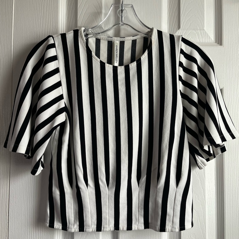 Karen Millen Black and White Striped Blouse Size US 4